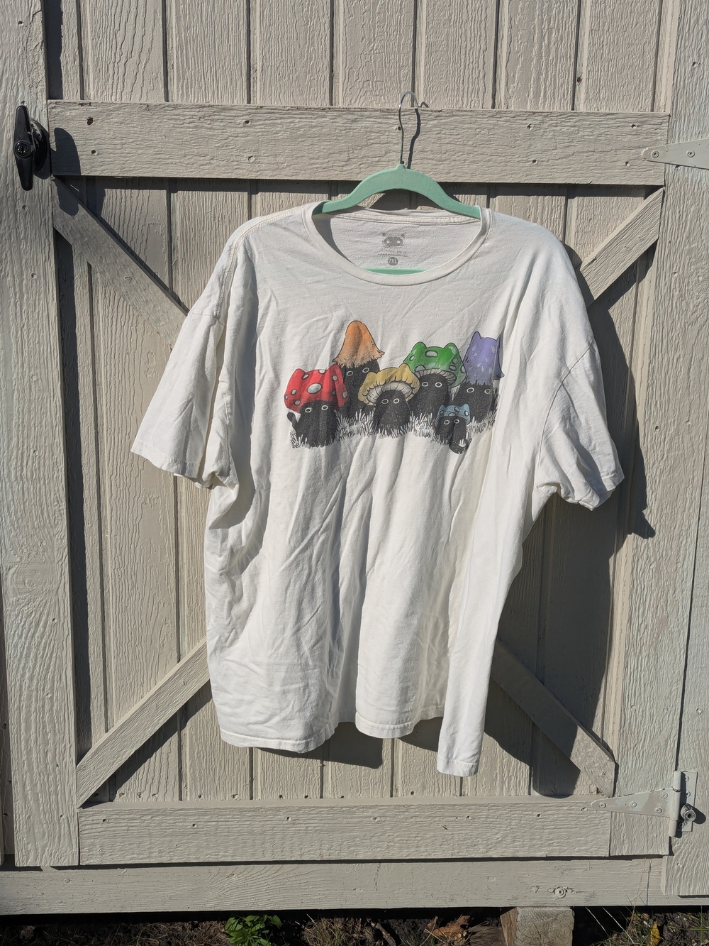 White Graphic Mushroom Cats Crewneck T-Shirt - Stephanie Bates